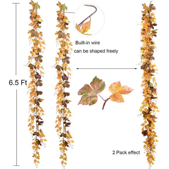 2 Pack Maple Leaf Vine Garland, 6.5 Ft/Piece Artificial Autumn  Foliage - Picture 4 of 8